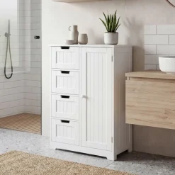 Badschrank Landhaus Badezimmerschrank weiß Schubladen Tür Beistellschrank