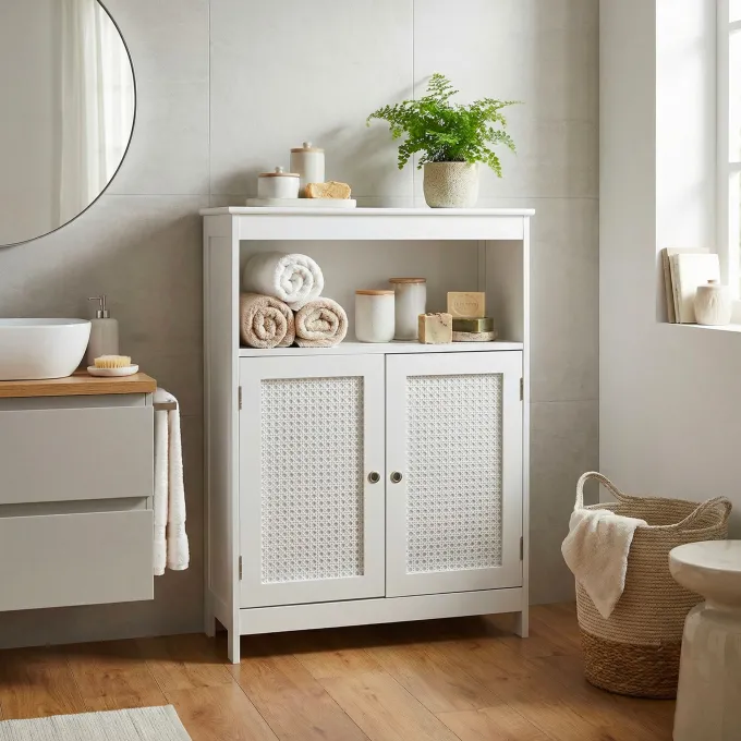 Badschrank Weiß Badezimmerschrank Türen & Ablage Badezimmerregal Regal für Bad