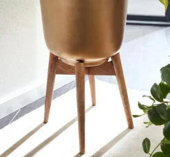 Blumentopf FineBuy Pflanzenkübel 2er Set Metall Holz Gold Rund Pflanzgefäß