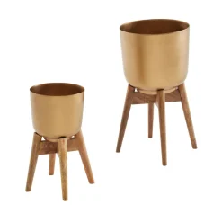 Blumentopf FineBuy Pflanzenkübel 2er Set Metall Holz Gold Rund Pflanzgefäß