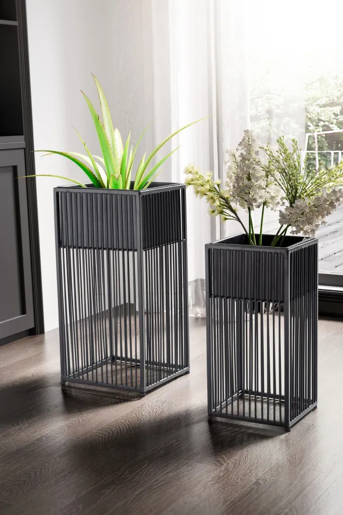 Blumentopf FineBuy Pflanzenkübel 2er Set Metall Schwarz Quadratisch Pflanzgefäß