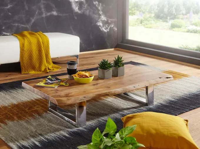 Couchtisch Akazie Massiv 115cm rechteckig Wohnzimmertisch Baumkante Kufengestell