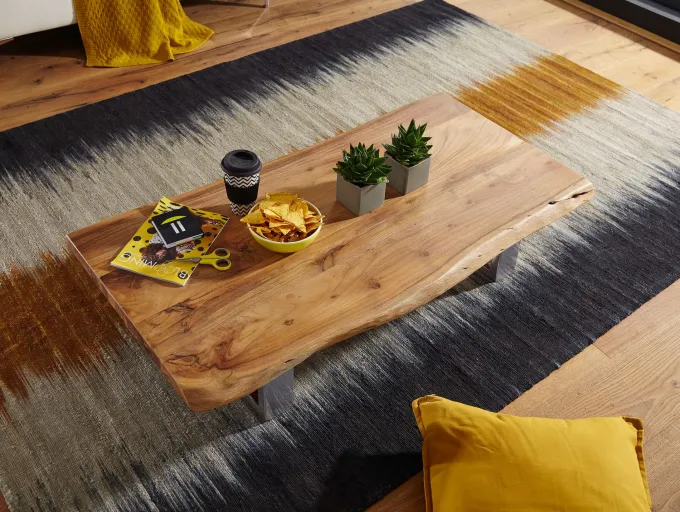 Couchtisch Akazie Massiv 115cm rechteckig Wohnzimmertisch Baumkante Kufengestell