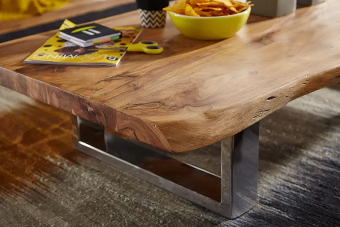 Couchtisch Akazie Massiv 115cm rechteckig Wohnzimmertisch Baumkante Kufengestell