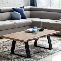 Couchtisch Akazie Massiv 115cm Rechteckiger Wohnzimmertisch Baumkante Metallkufe