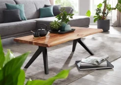 Couchtisch Akazie Massivholz 115cm Wohnzimmertisch Baumkante V-Gestell Schwarz