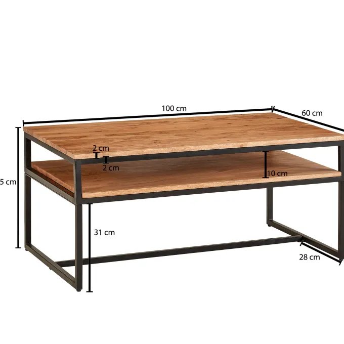 Couchtisch Akazie Massivholz 100cm rechteckig Wohnzimmertisch Ablage Loft Design