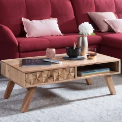 Couchtisch Akazie Massivholz 95cm Wohnzimmertisch Schublade Ablage Retro Design