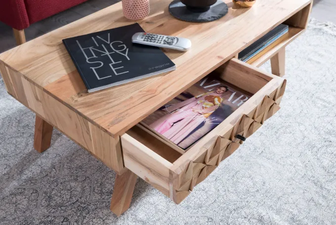 Couchtisch Akazie Massivholz 95cm Wohnzimmertisch Schublade Ablage Retro Design