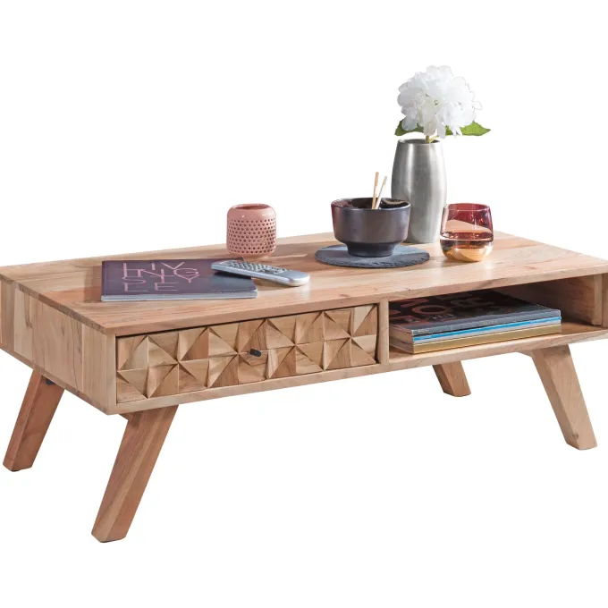 Couchtisch Akazie Massivholz 95cm Wohnzimmertisch Schublade Ablage Retro Design