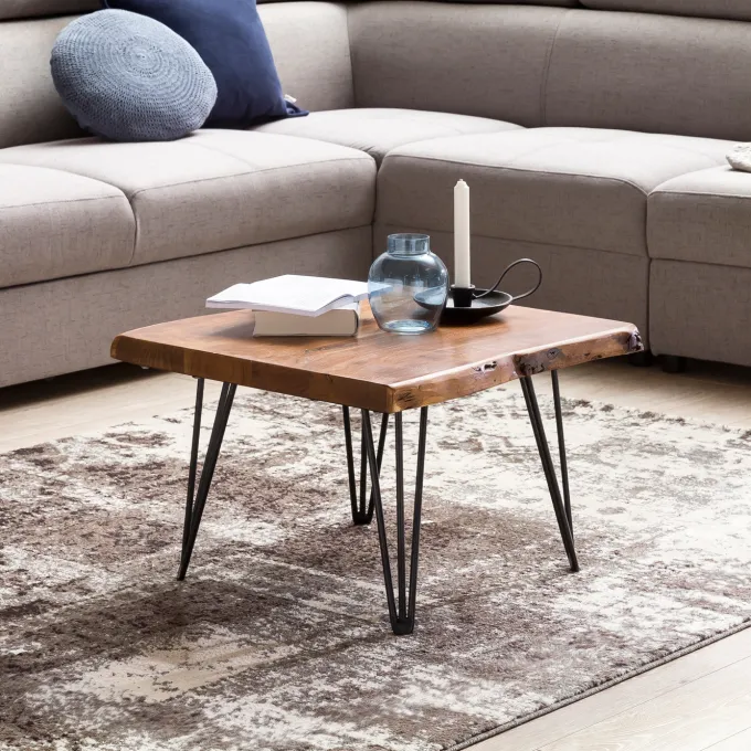 Couchtisch Baumkante 56x38x51 cm Sheesham Massivholz Metallbeine Wohnzimmertisch