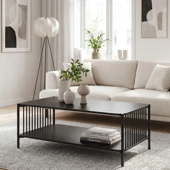 Couchtisch 110cm Eiche Optik Schwarz Sofatisch Wohnzimmertisch Beistelltisch