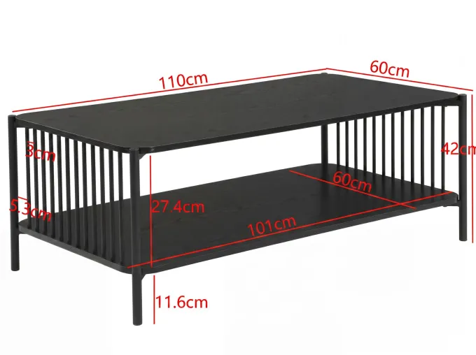 Couchtisch 110cm Eiche Optik Schwarz Sofatisch Wohnzimmertisch Beistelltisch