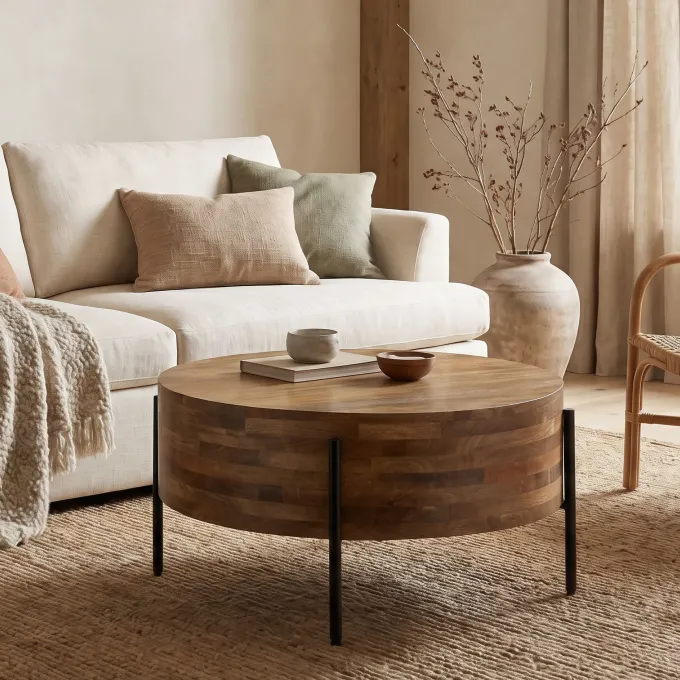 Couchtisch 70cm Mango Massivholz Rund Sofatisch Wohnzimmertisch Beistelltisch