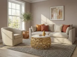 Couchtisch 60cm Marmor Wohnzimmertisch Alu Sofatisch Beistelltisch Rund Modern