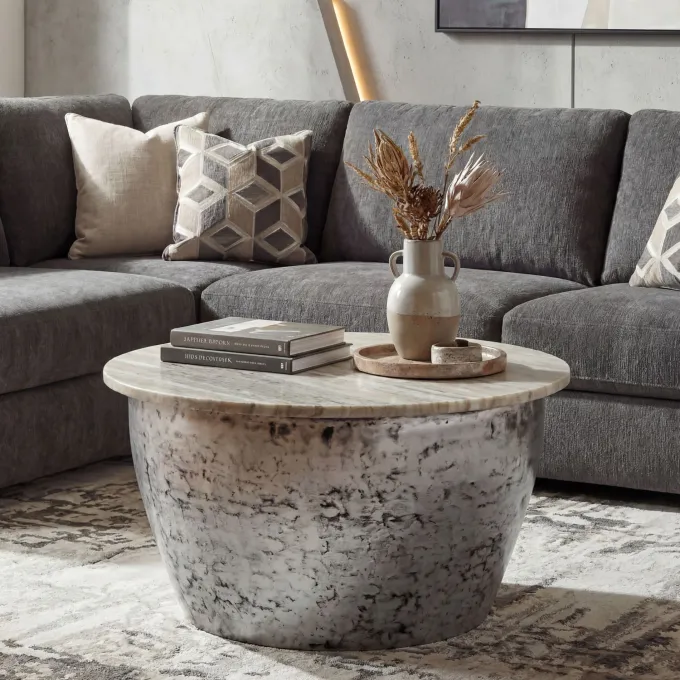 Couchtisch 60cm mit Marmor Platte weiß Wohnzimmertisch Beistelltisch Rund Silber