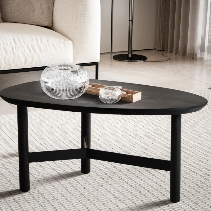 Couchtisch 80cm nierenförmig Massivholz schwarz Wohnzimmertisch Metallgestell