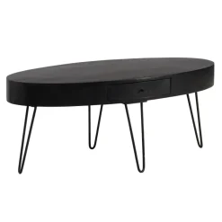 Couchtisch 100cm oval Massivholz schwarz Wohnzimmertisch Schublade Industrial