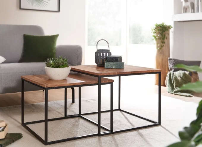 Couchtisch 2er Set Akazie Massivholz quadratisch · Wohnzimmertisch Industrial
