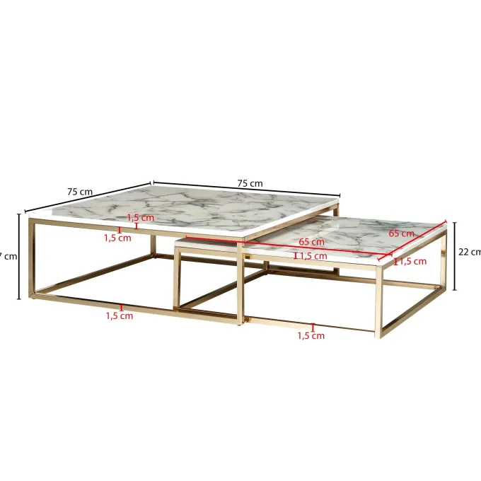 Couchtisch 2er Set FineBuy Satztisch Weiß Marmor Optik Modern Metallgestell