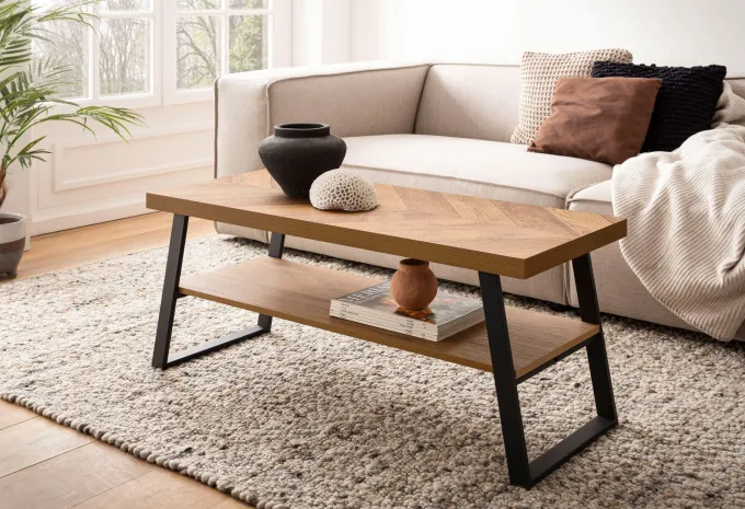 Couchtisch FineBuy Sofatisch 100 cm Braun Fischgrät Wohnzimmertisch Ablage