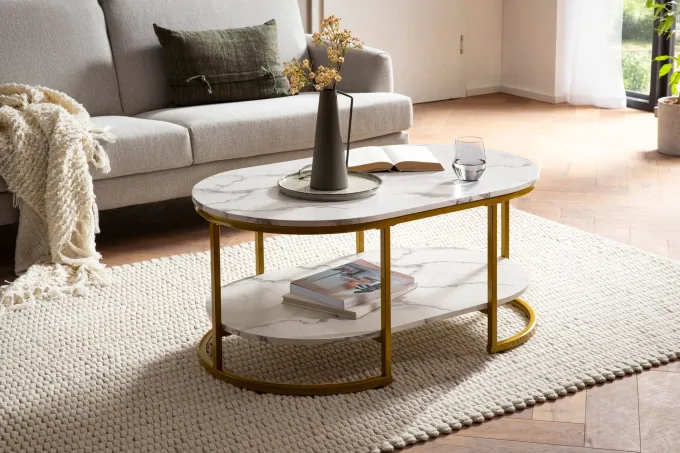 Couchtisch FineBuy Sofatisch 100 cm Marmor Optik Wohnzimmertisch Tisch Ablage