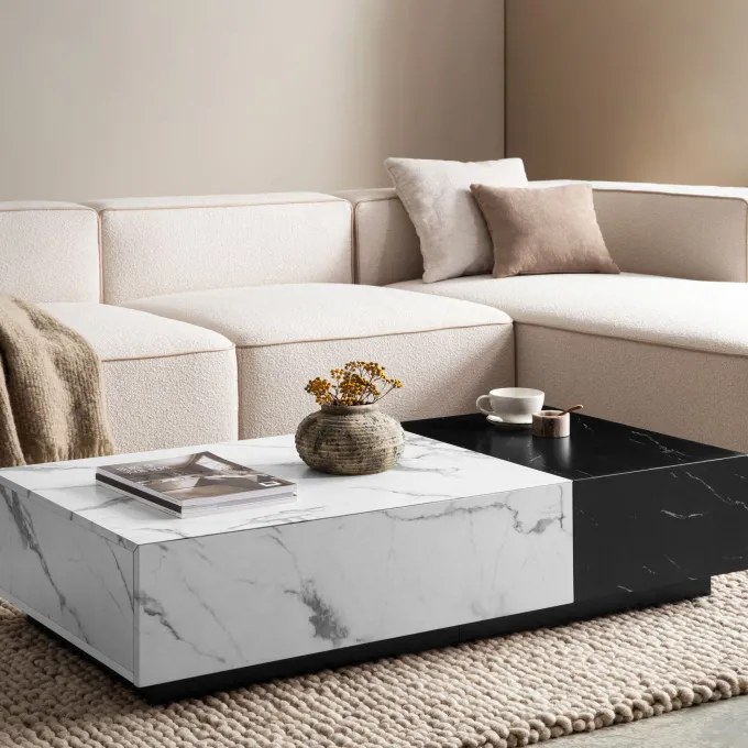 Couchtisch FineBuy Sofatisch Weiß 120 cm Marmoroptik Wohnzimmertisch Schublade