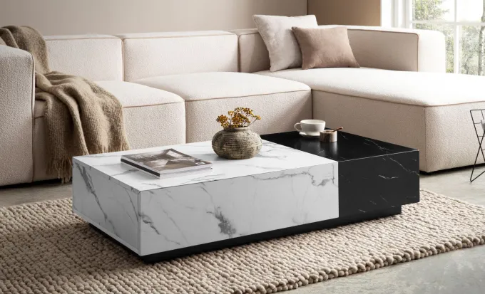 Couchtisch FineBuy Sofatisch Weiß 120 cm Marmoroptik Wohnzimmertisch Schublade