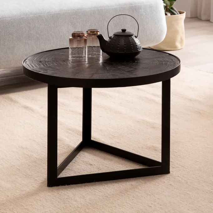 Couchtisch FineBuy Sofatisch 58x58x40 cm Massivholz Schwarz Wohnzimmertisch Rund