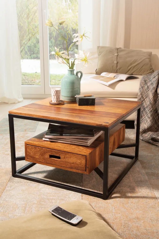 Couchtisch FineBuy Sofatisch Massivholz 60x60x40 cm Wohnzimmertisch Schublade