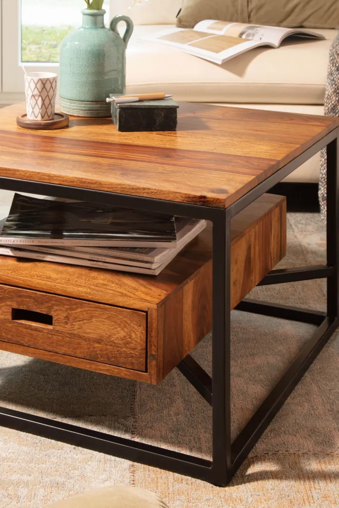 Couchtisch FineBuy Sofatisch Massivholz 60x60x40 cm Wohnzimmertisch Schublade