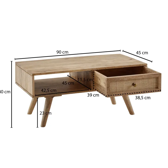 Couchtisch FineBuy Sofatisch 90 cm Massivholz Rattan Wohnzimmertisch Schublade