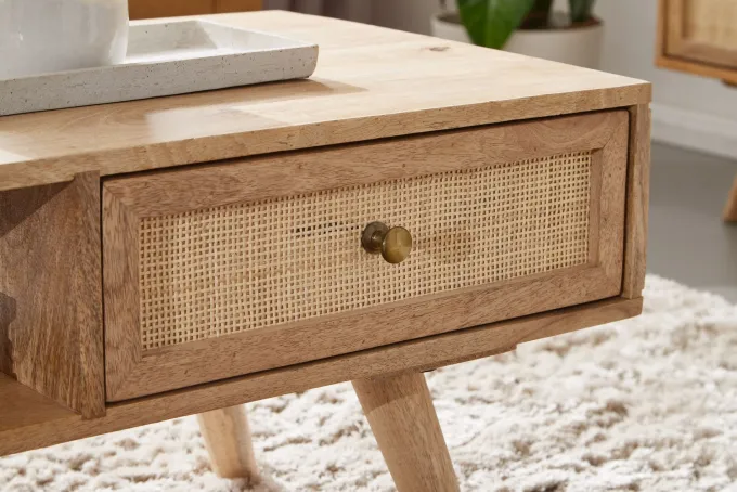Couchtisch FineBuy Sofatisch 90 cm Massivholz Rattan Wohnzimmertisch Schublade