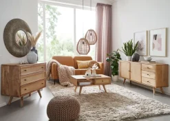 Couchtisch FineBuy Sofatisch 90 cm Massivholz Rattan Wohnzimmertisch Schublade