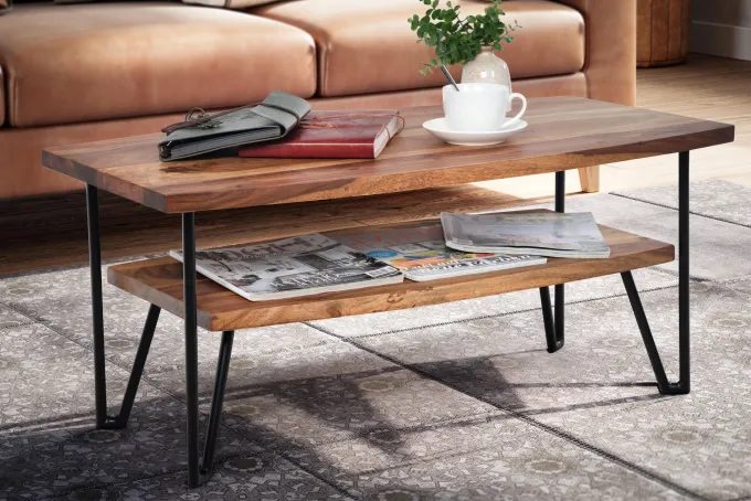 Couchtisch FineBuy Sofatisch 90x50x40 cm Sheesham Massivholz Tisch mit Stauraum