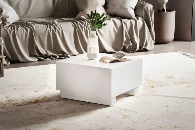 Couchtisch FineBuy Sofatisch MONOBLOC Weiß Hochglanz 60x60 cm Wohnzimmertisch