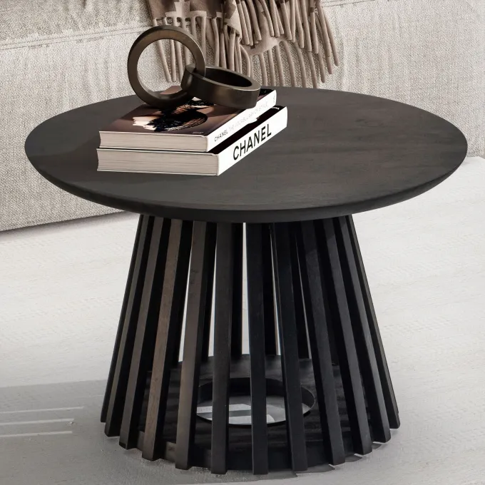 Couchtisch FineBuy Sofatisch Massivholz Schwarz 60x60x41cm Wohnzimmertisch Rund