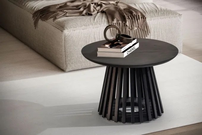Couchtisch FineBuy Sofatisch Massivholz Schwarz 60x60x41cm Wohnzimmertisch Rund