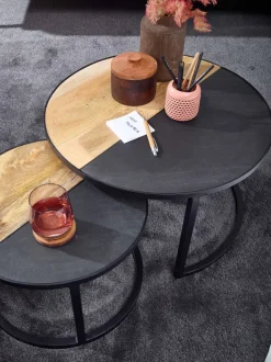 Couchtisch FineBuy Wohnzimmertisch 2 teilig Massivholz Rund Beistelltisch Tisch