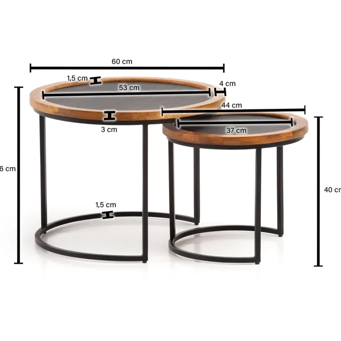 Couchtisch FineBuy Wohnzimmertisch 2er Set Rund Holz / Steinoptik Satztisch