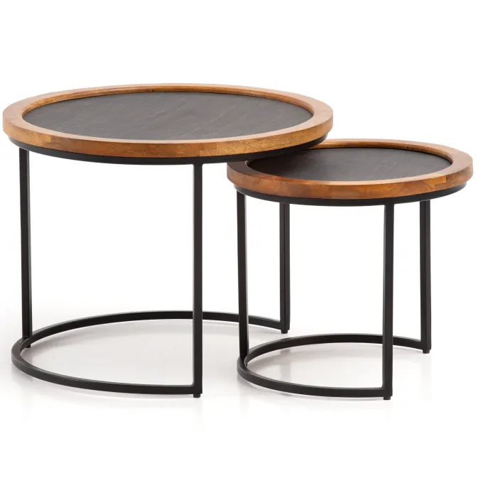 Couchtisch FineBuy Wohnzimmertisch 2er Set Rund Holz / Steinoptik Satztisch