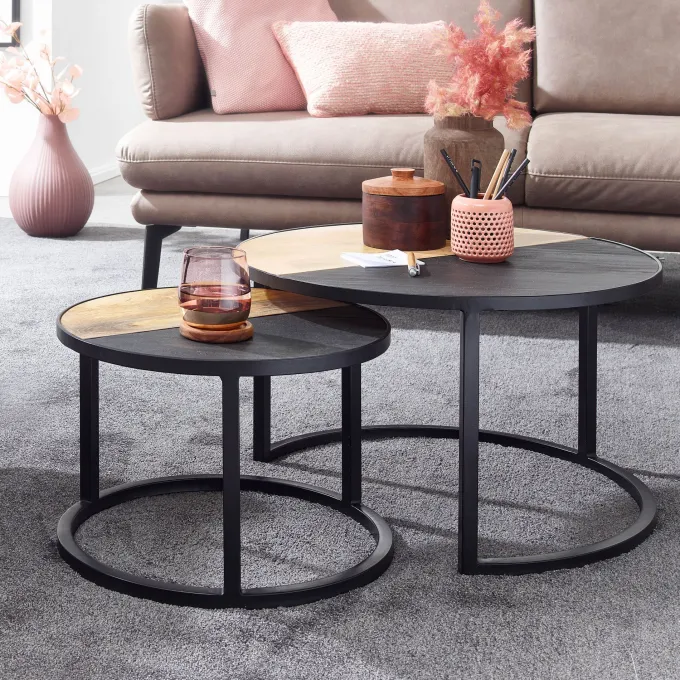 Couchtisch FineBuy Wohnzimmertisch 2 teilig Massivholz Rund Beistelltisch Tisch
