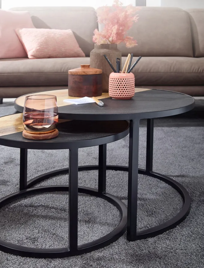 Couchtisch FineBuy Wohnzimmertisch 2 teilig Massivholz Rund Beistelltisch Tisch