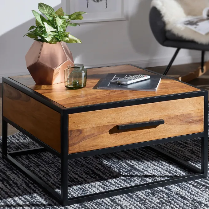 Couchtisch FineBuy Wohnzimmertisch Holz Massiv Sofatisch Tisch Schublade Braun