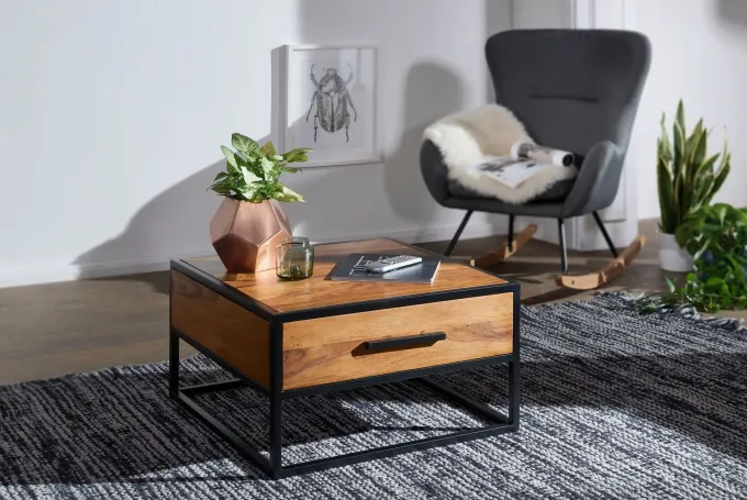 Couchtisch FineBuy Wohnzimmertisch Holz Massiv Sofatisch Tisch Schublade Braun