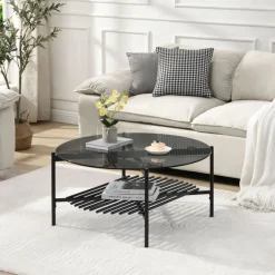 Couchtisch FineBuy Wohnzimmertisch Glas Metall 80 cm Schwarz Rund Sofatisch
