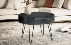 Couchtisch Mango Massivholz rund Ø 60 cm Wohnzimmertisch Schublade Schwarz