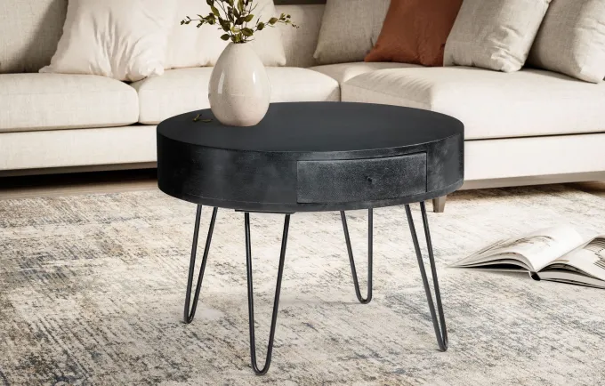 Couchtisch Mango Massivholz rund Ø 60 cm Wohnzimmertisch Schublade Schwarz