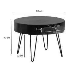 Couchtisch Mango Massivholz rund Ø 60 cm Wohnzimmertisch Schublade Schwarz