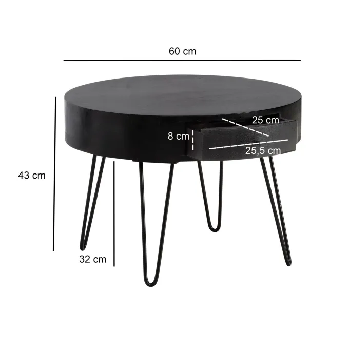 Couchtisch Mango Massivholz rund Ø 60 cm Wohnzimmertisch Schublade Schwarz